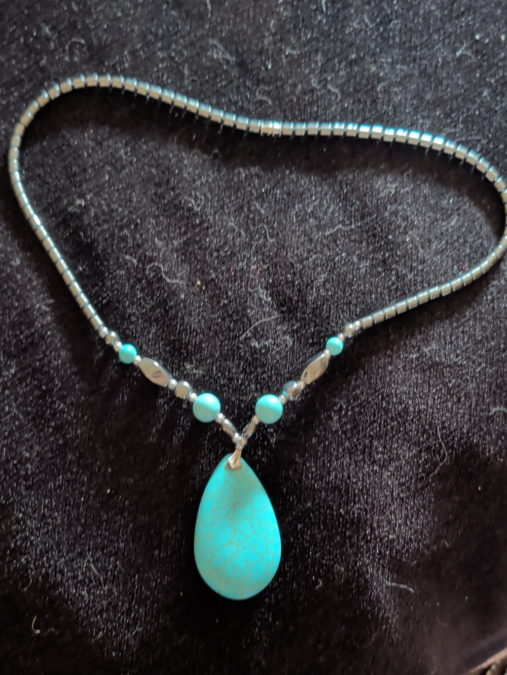 Turquoise Teardrop Pendant Necklace with Hematite Accent Beads